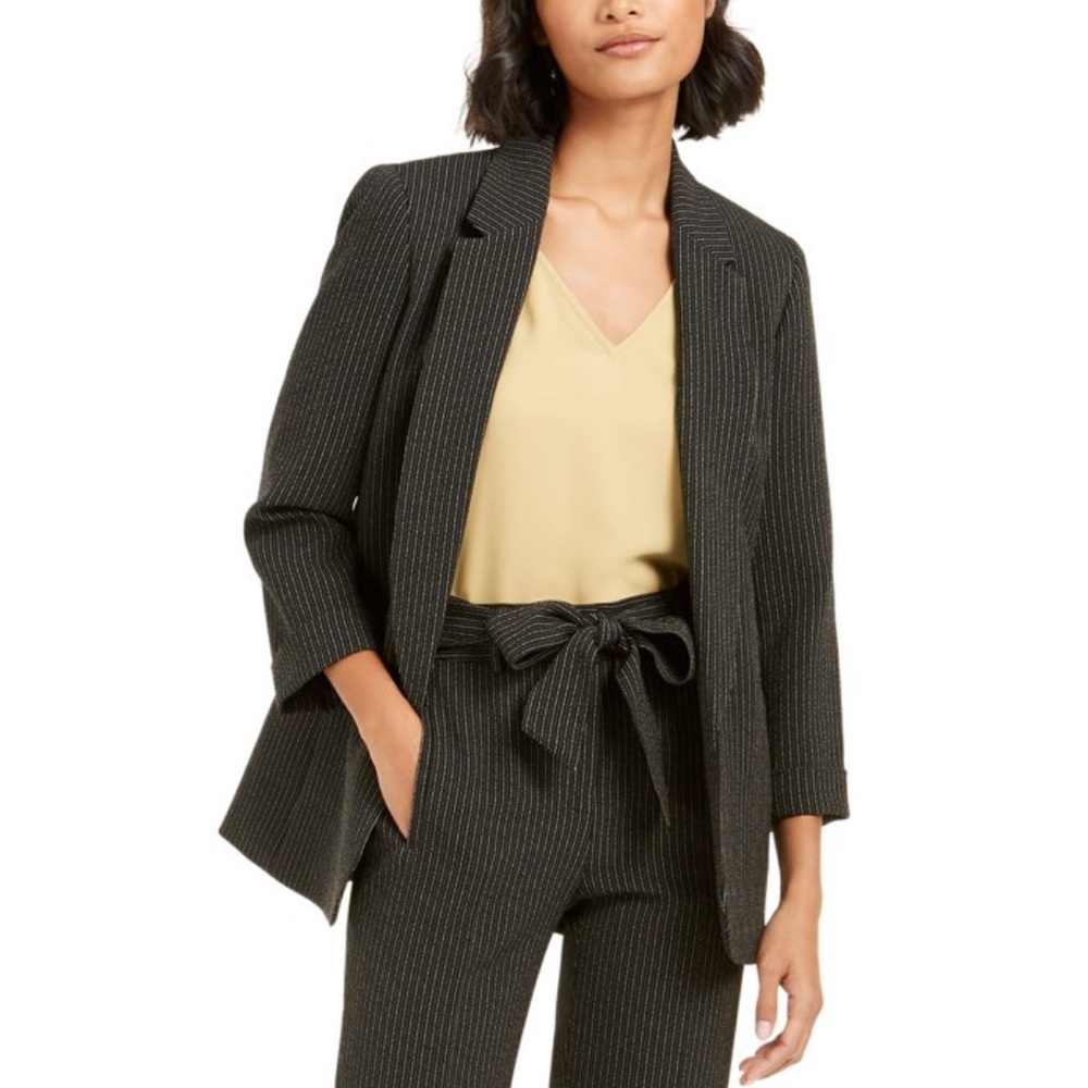 Bar III Black Metallic Pinstripe 3/4 Sleeve Open Front Blazer Silver Gold Stripe